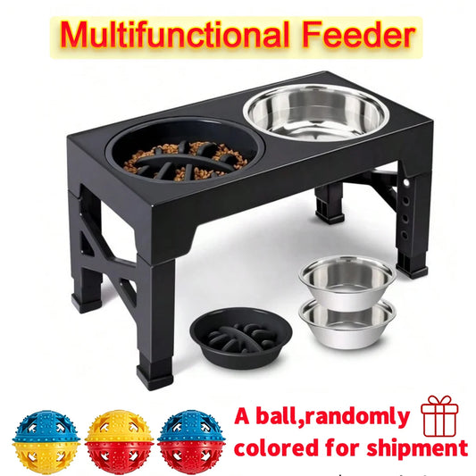 Adjustable Elevated Dog Feeder With Slow Feeder Bowl And Ball