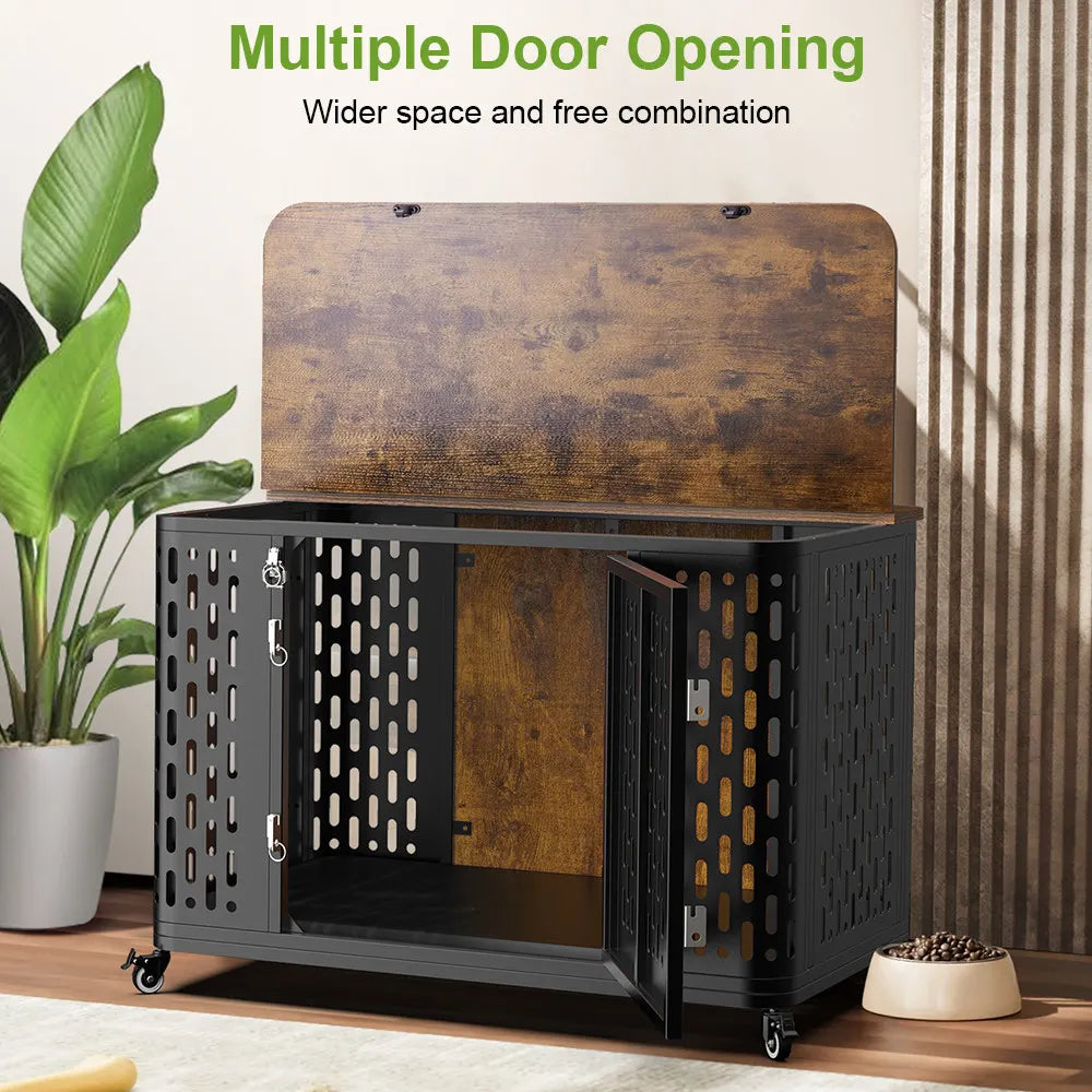 ONBRILL Wood Dog Crate Kennel With Cushion And Wheels