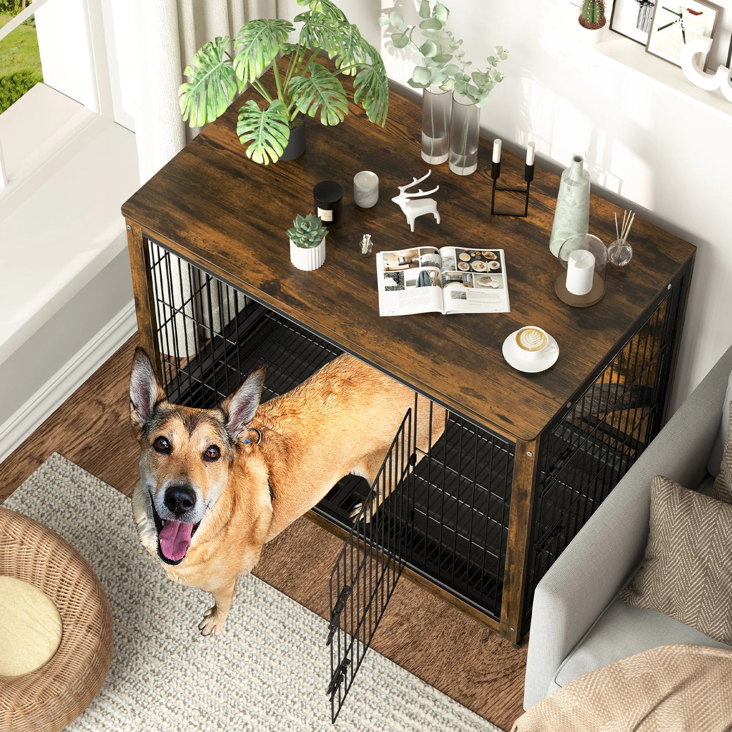 BINGOPA Dog Crate End Table Wood Metal With Removable Tray