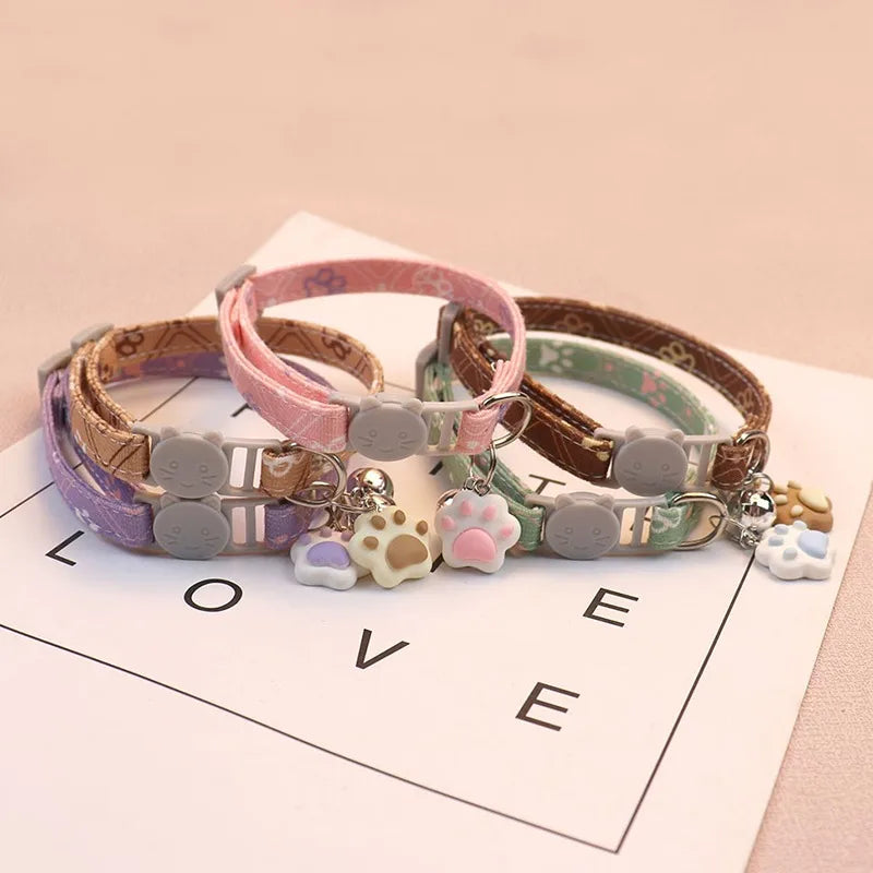 Pet Collar With Bell Cartoon Footprint Adjustable Safety For Dogs