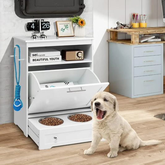 Pet Feeder Station With Double Bowls And Storage Cabinet