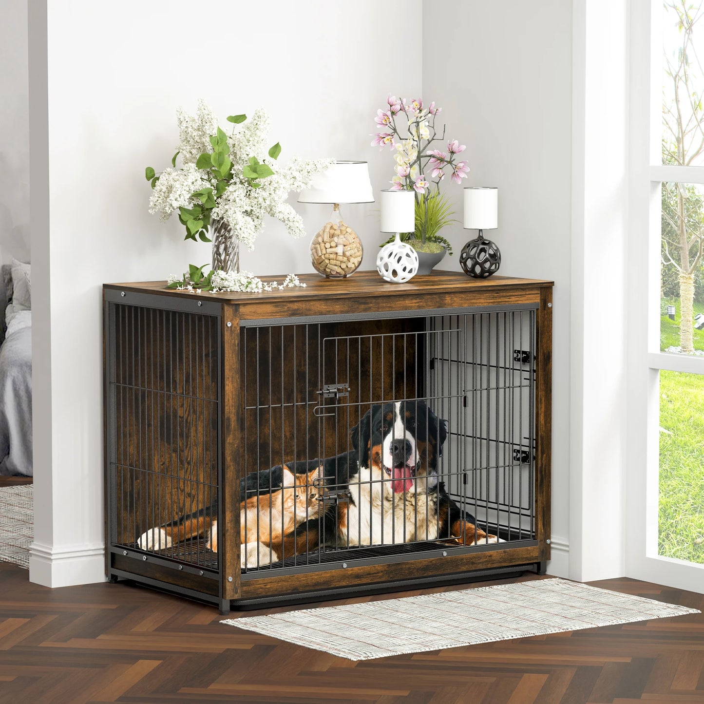 BINGOPA Dog Crate End Table Wood Metal With Removable Tray