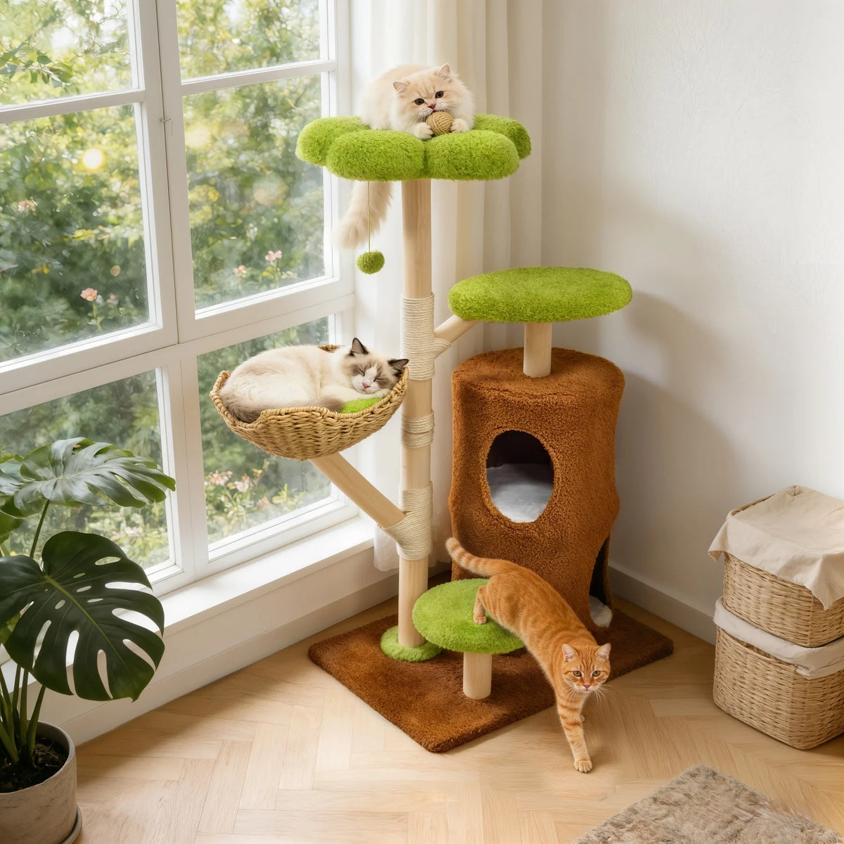 Bingopaw 136Cm Five Tier Cat Tree Activity Center With Wicker Basket