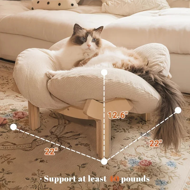 Raised Wooden Cat Bed With Soft Cushion Indoor Use