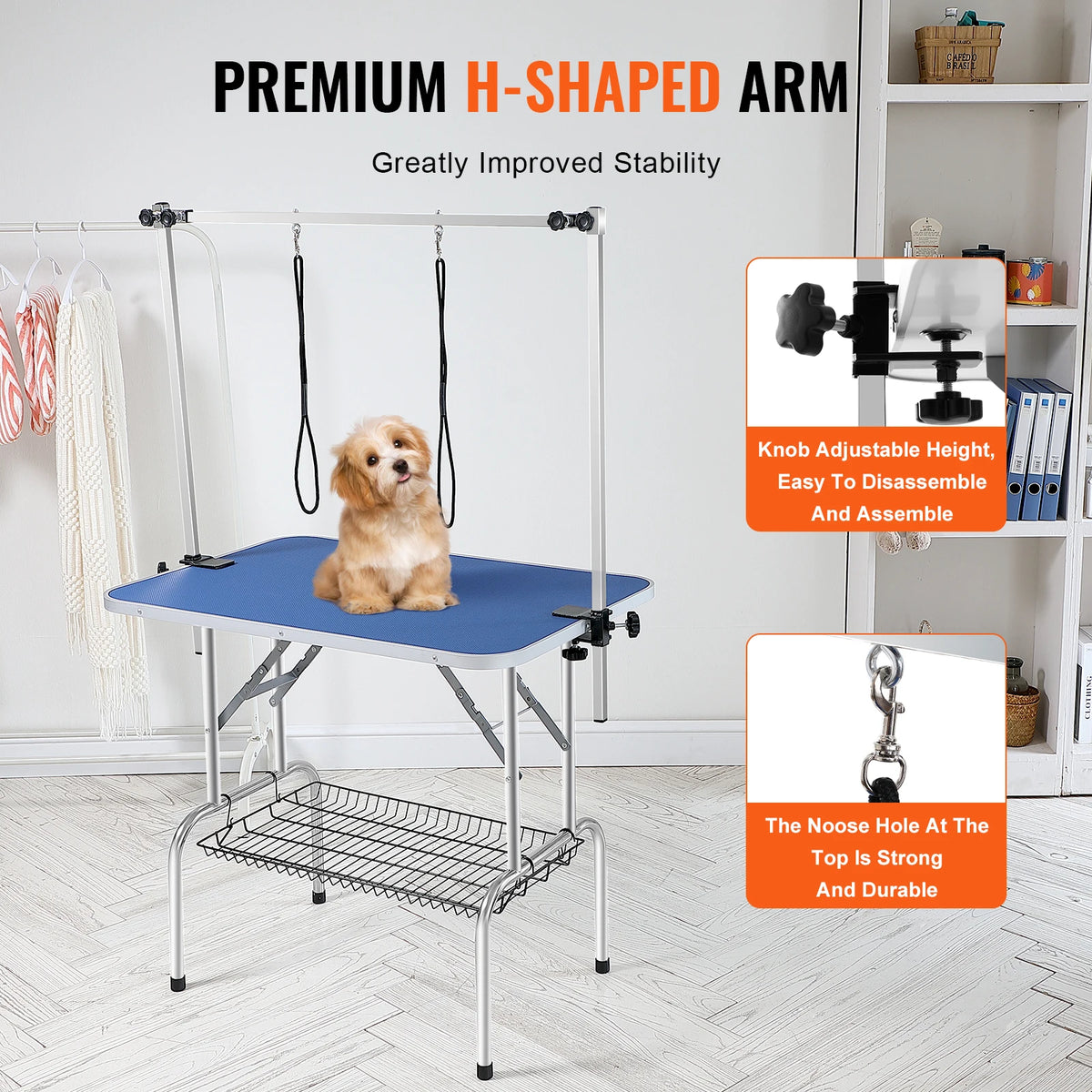 SucceBuy Foldable Dog Grooming Table Dual Arms And Grooming Loop
