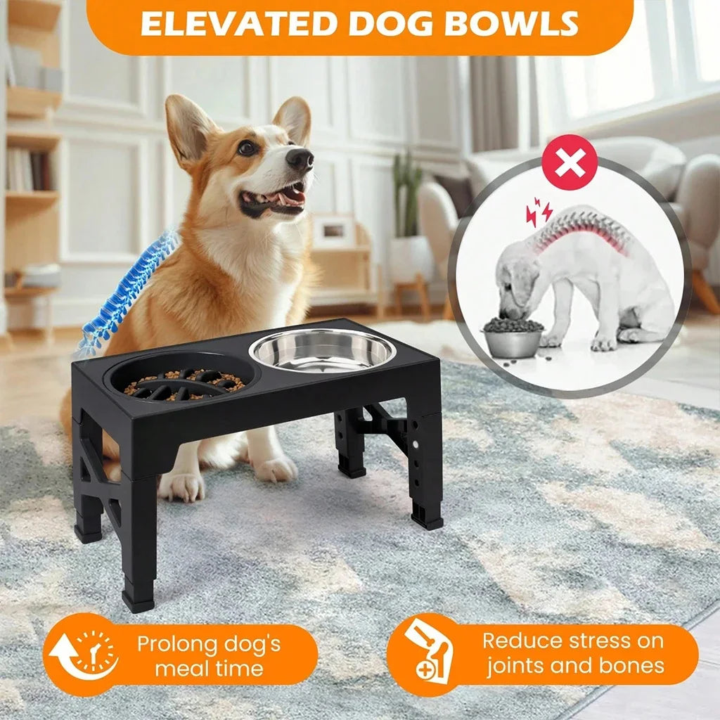 Adjustable Elevated Dog Feeder Slow Feeder And Stainless Steel Bowls