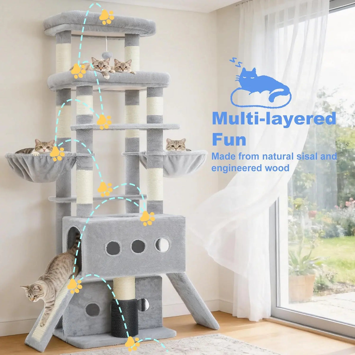 Symmetrical Extra Large Multi-Level Cat Tree Tower With Condos Hammocks And Scratching Posts For Indoor Cats