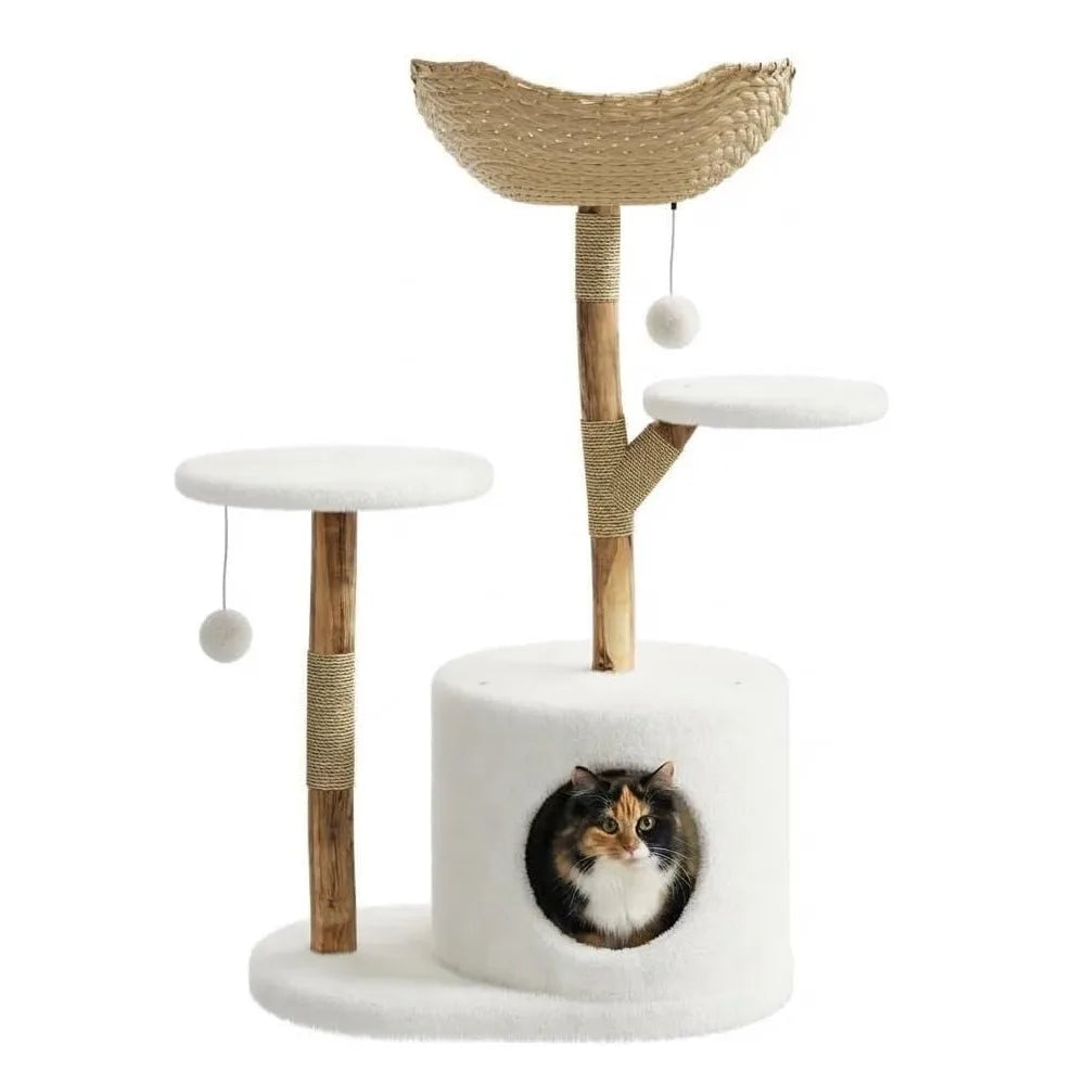 Wooden Cat Tree with Rattan, Multi-Level Indoor Climbing Activity Center