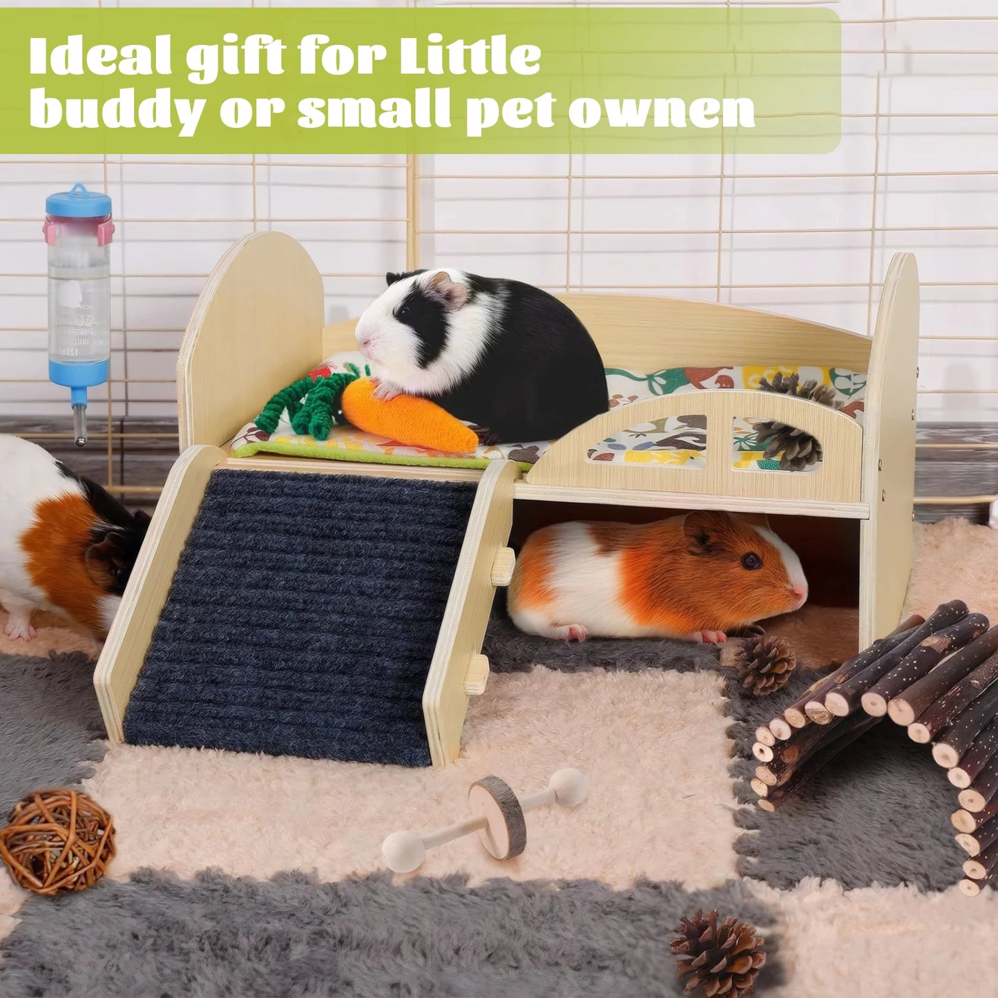 Guinea Pig Bed With Stable Stairs And Mat Wooden Construction