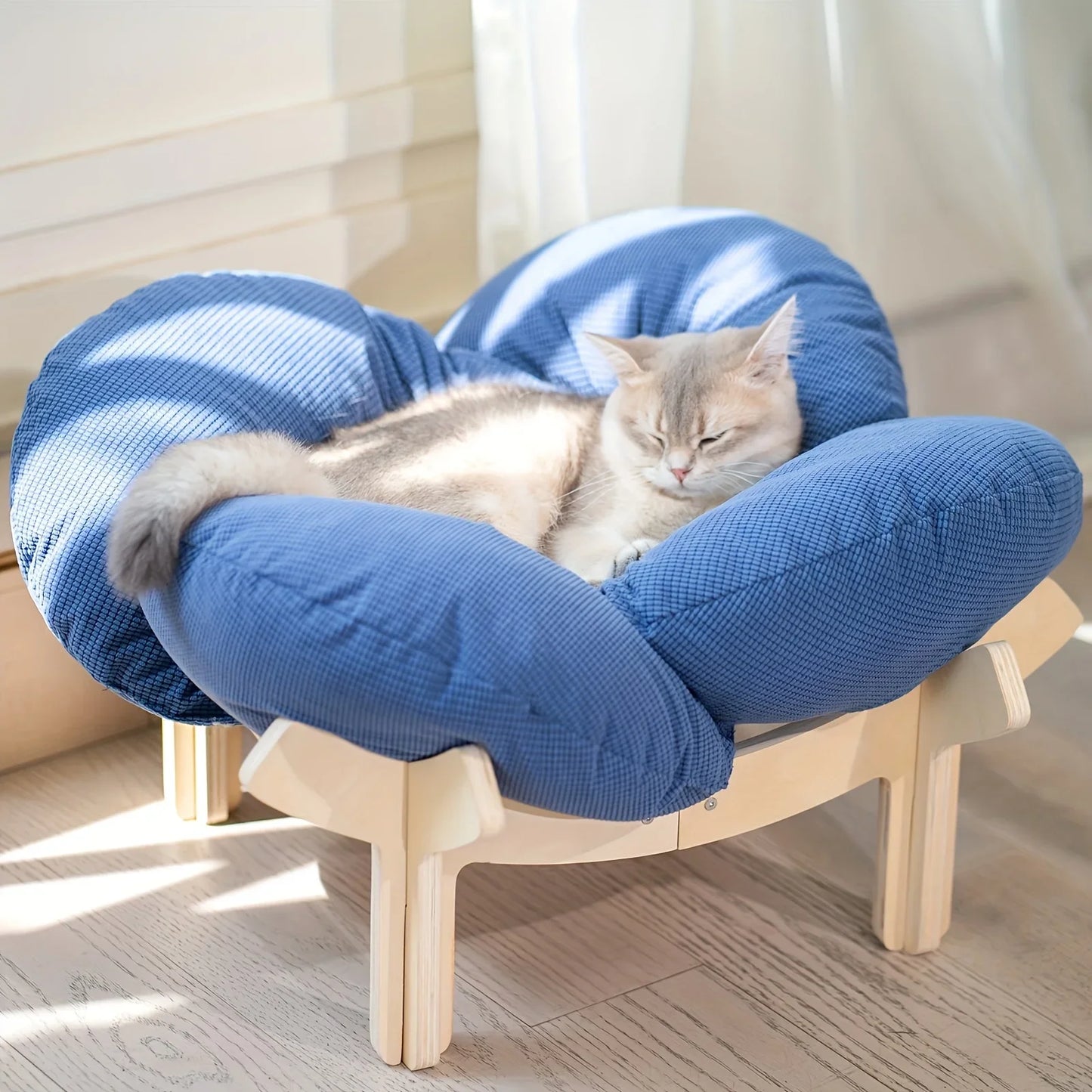 Raised Wooden Cat Bed With Soft Cushion Indoor Use