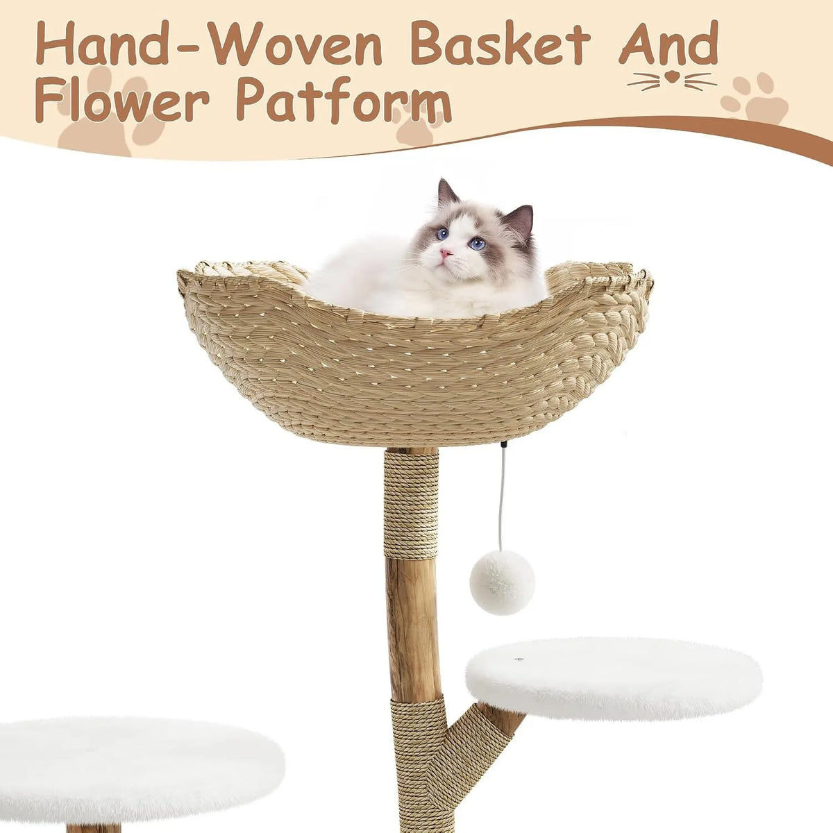 Wooden Cat Tree Tower With Rattan Multi Level Climbing Furniture
