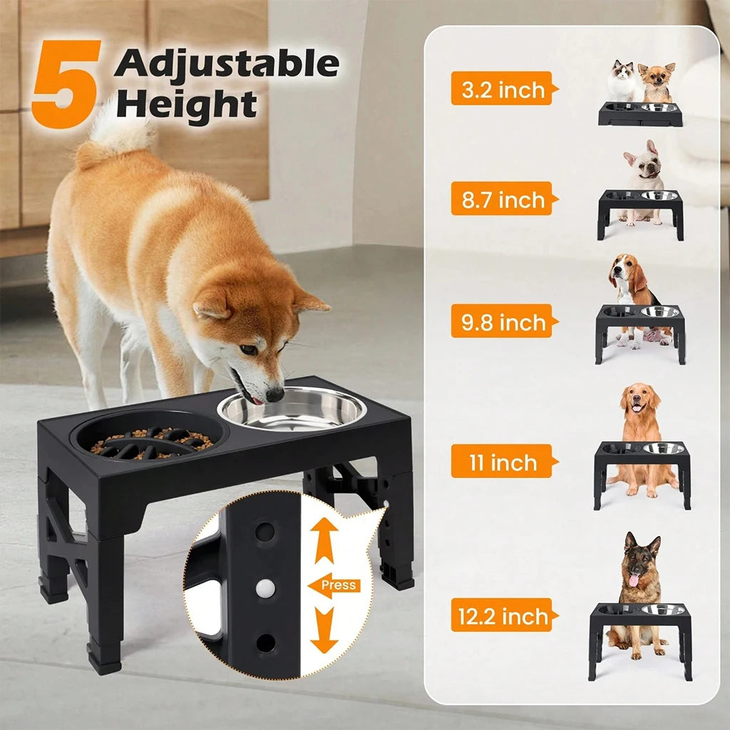 Adjustable Elevated Dog Feeder With Slow Feeder And Steel Bowls