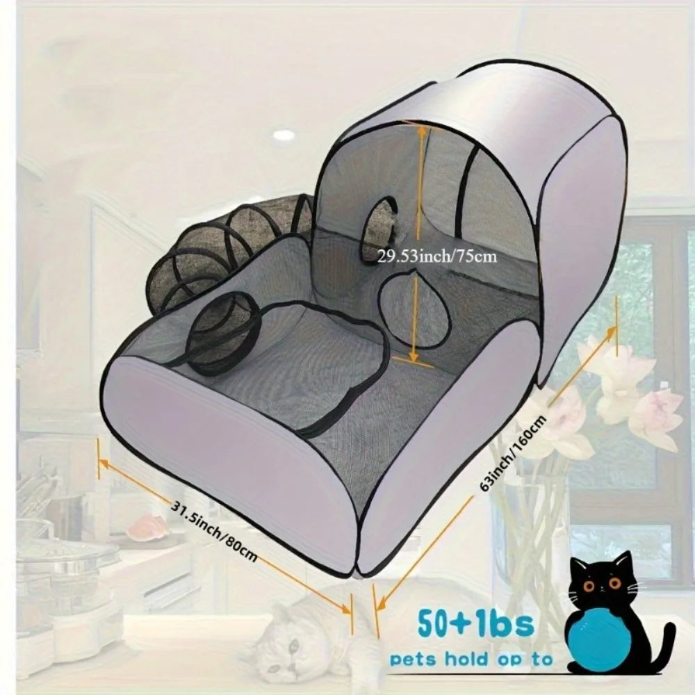 Foldable Cat Tent With Tunnel Breathable Polyester Indoor Outdoor Playpen