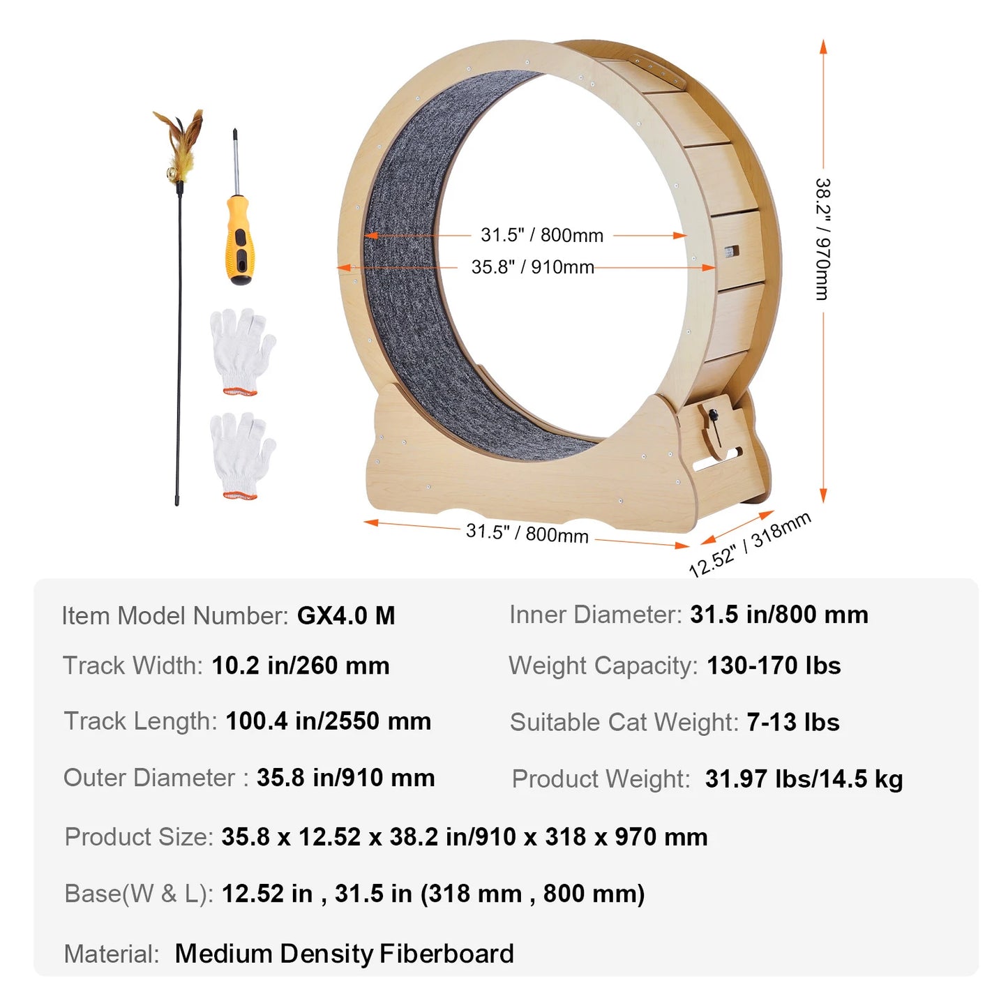 SucceBuy Wooden Cat Exercise Wheel With Detachable Carpet Teaser