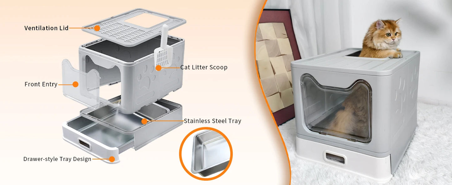 Enclosed Stainless Steel Cat Litter Box With Lid Top Entry High Sides