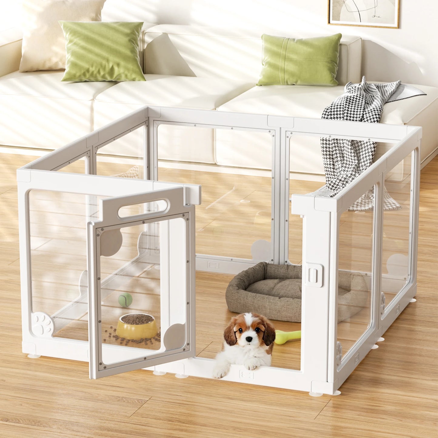 Clear Acrylic Dog Play Pen Indoors 24", 8 Panels Transparent Puppy Playpen with Door for Small Dogs Puppies, Modular Plastic Pet Playpen Cage Fence Crate for Cat Kitten Rabbit