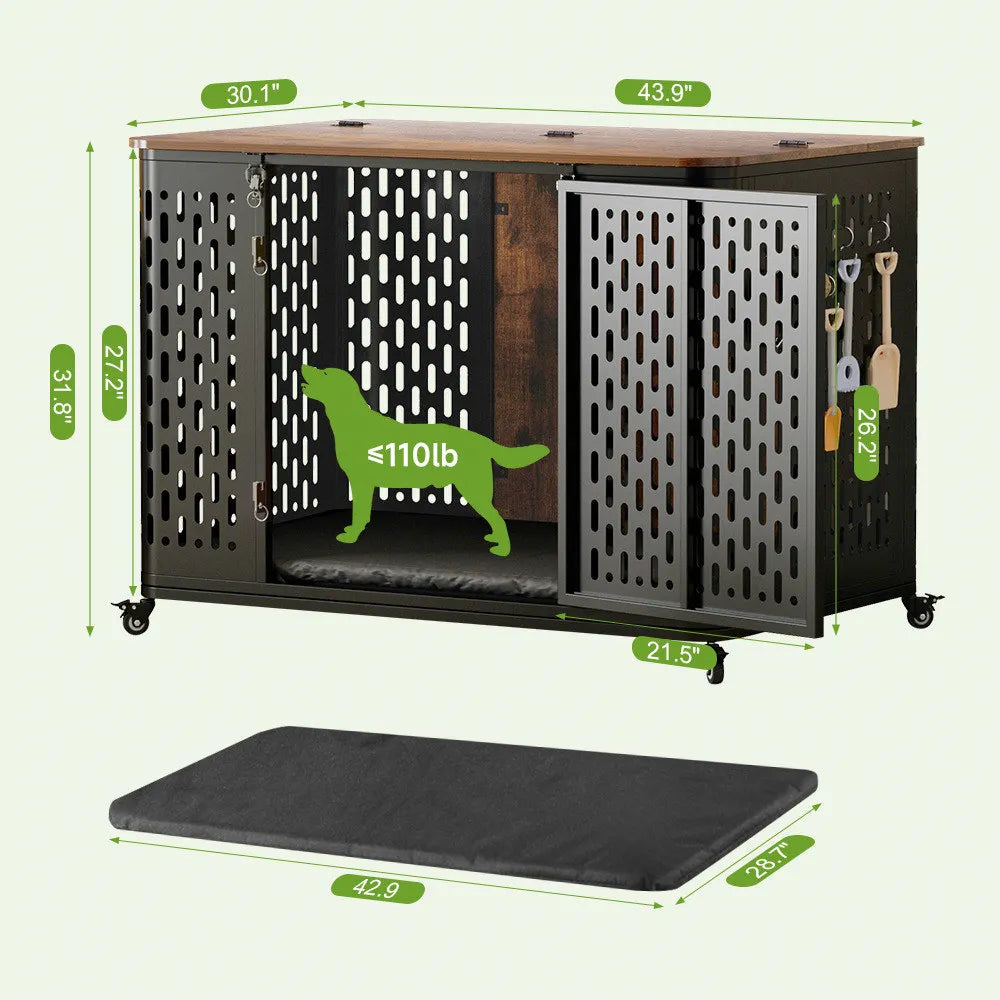 ONBRILL Wood Dog Crate Kennel With Cushion And Wheels