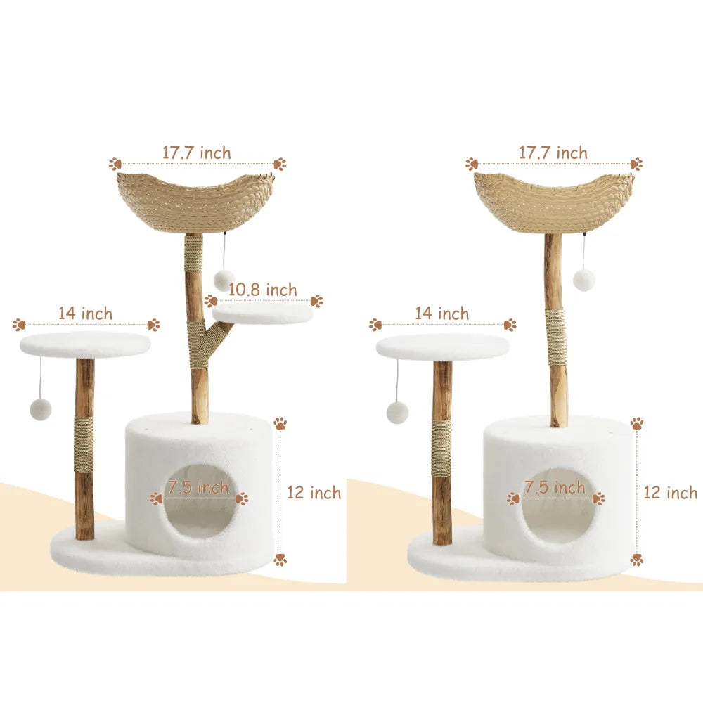 Wooden Cat Tree Tower With Rattan Multi Level Climbing Furniture