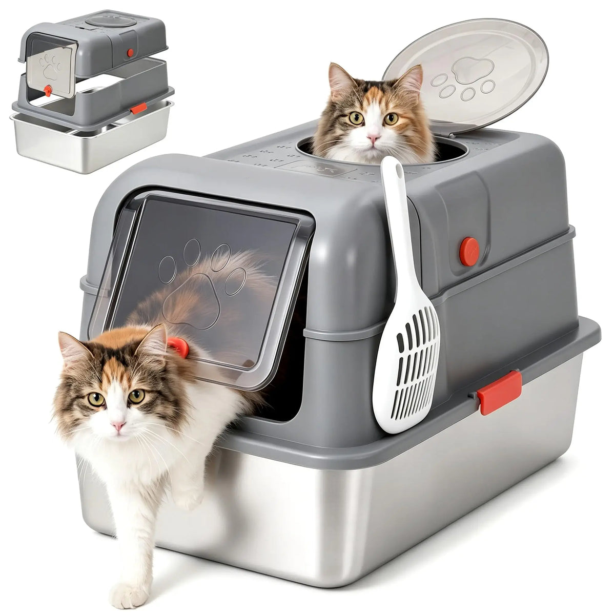 Studyset Stainless Steel Enclosed Cat Litter Box With Scoop