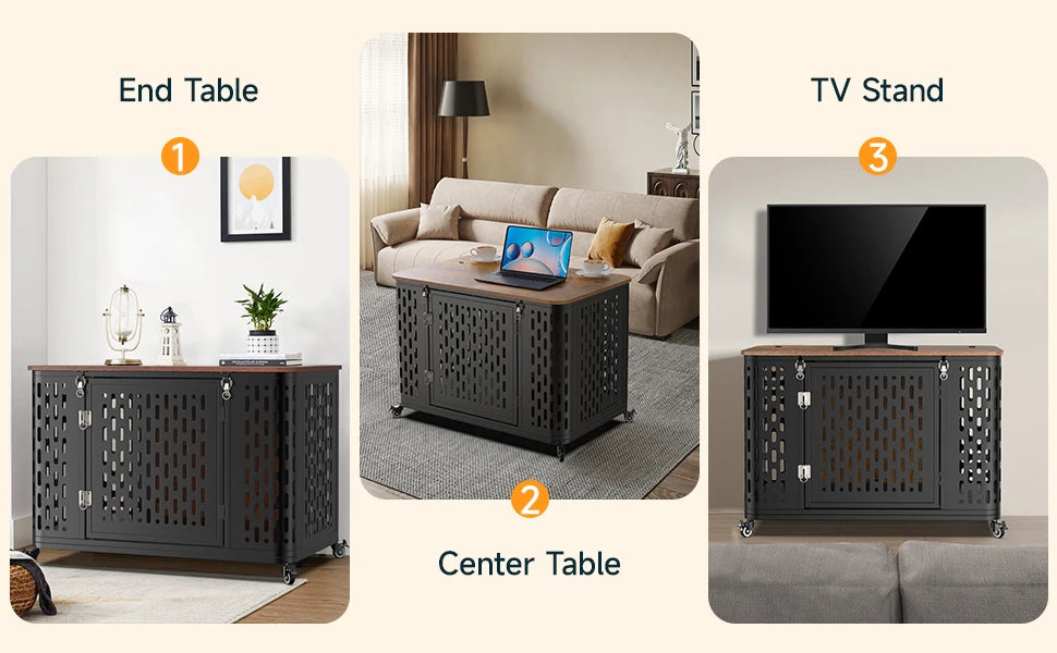 ONBRILL Wood Dog Crate Kennel With Cushion And Wheels