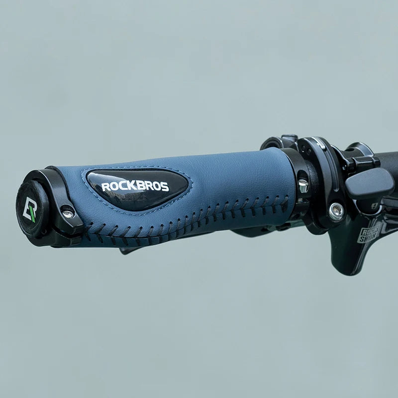 ROCKBROS Aluminum Alloy Leather Bicycle Handlebar Grips for Comfortable Riding