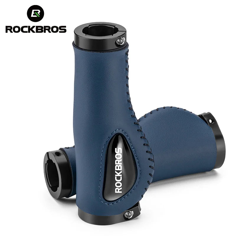 ROCKBROS Aluminum Alloy Leather Bicycle Handlebar Grips for Comfortable Riding