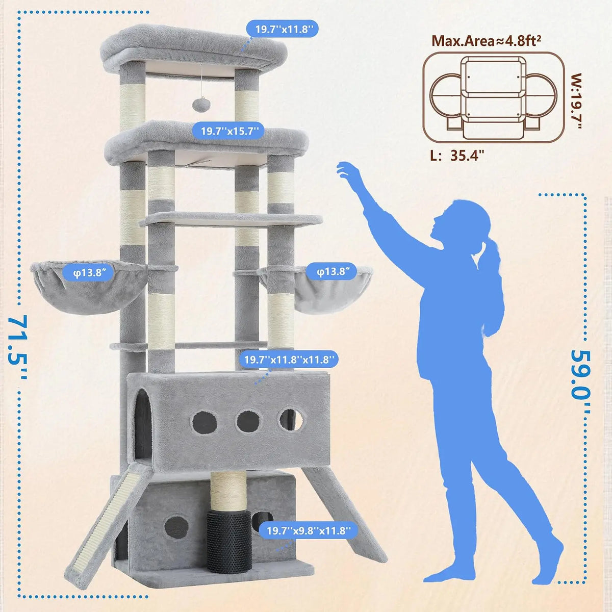 Symmetrical Extra Large Multi-Level Cat Tree Tower With Condos Hammocks And Scratching Posts For Indoor Cats