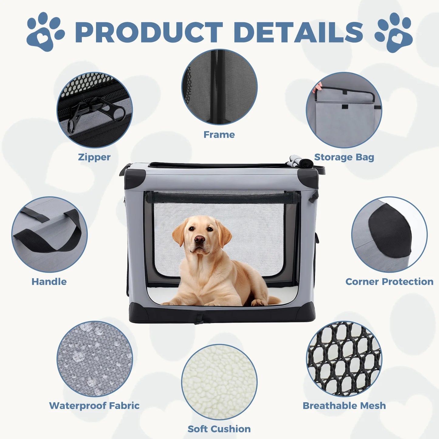 JHK 600D Oxford Fabric Foldable Soft Dog Crate With 3 Doors Indoor