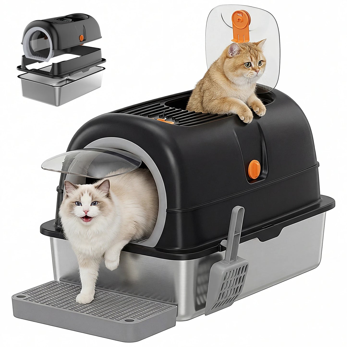 JHK Stainless Steel Cat Litter Box With Enclosed Design And Scoop Mat Included