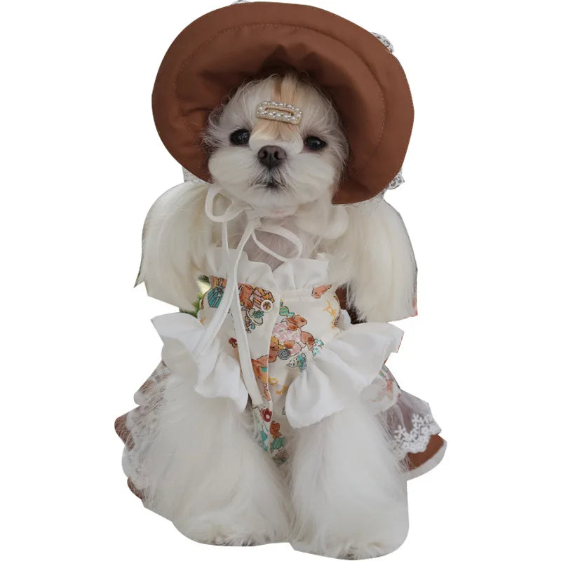 Pet Lace Dress and Maid Hat Set for Small Dogs