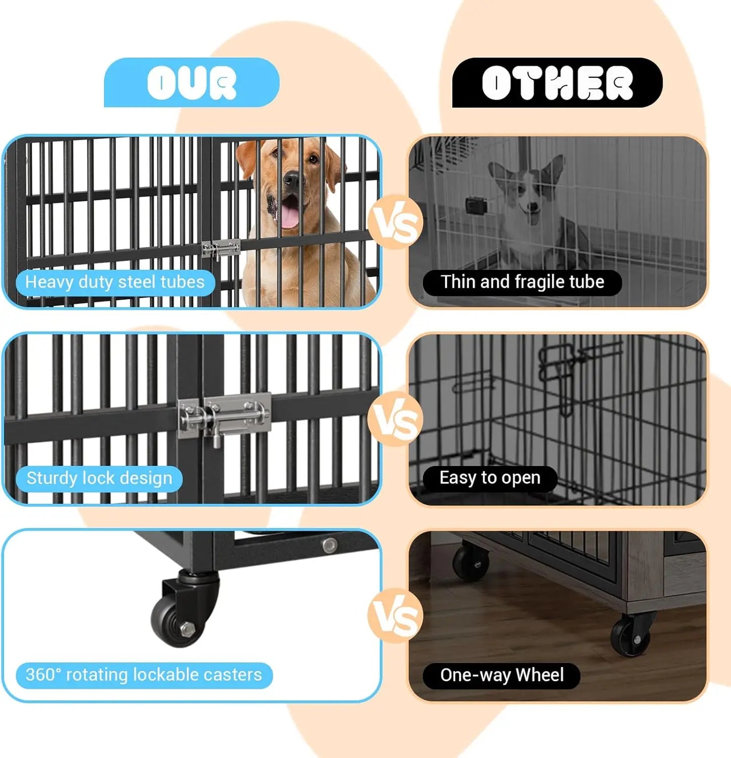Acekool Heavy Duty Dog Crate Kennel With Double Doors Wheels