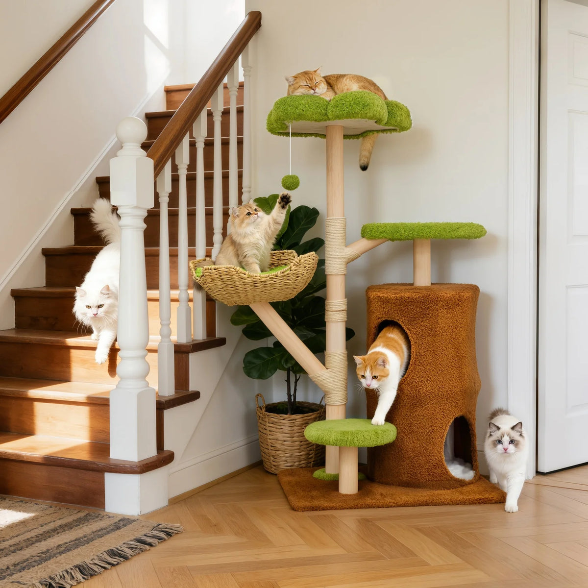Bingopaw 136Cm Five Tier Cat Tree Activity Center With Wicker Basket