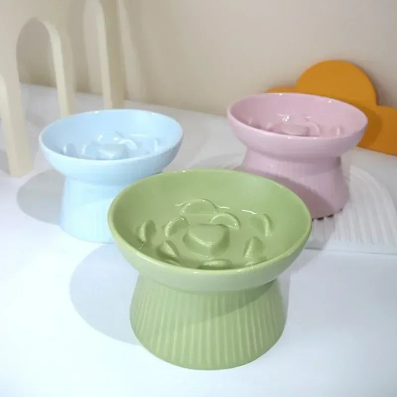 Ceramic Elevated Cat Slow Feed Bowl Anti Gulping Anti Choking