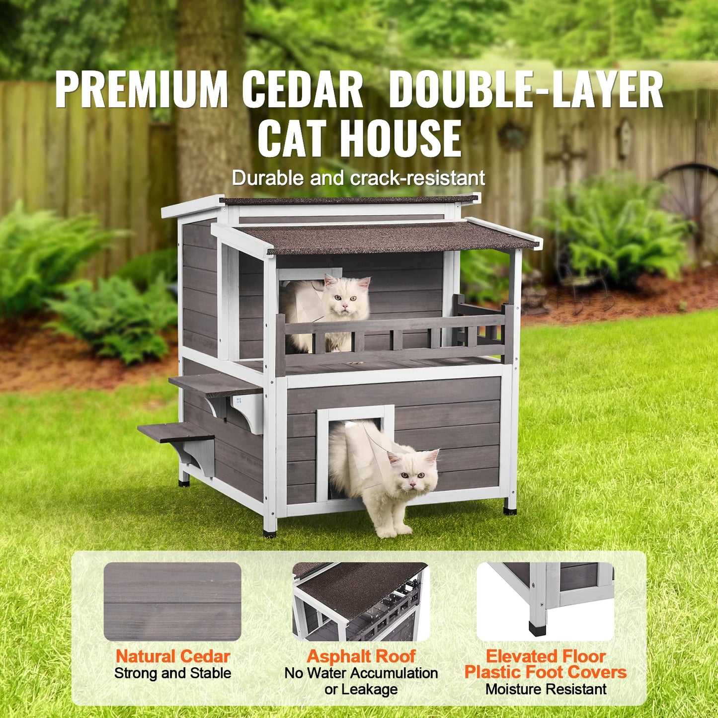 SucceBuy Weatherproof Outdoor Cat House Feral Shelter Two Story Balcony