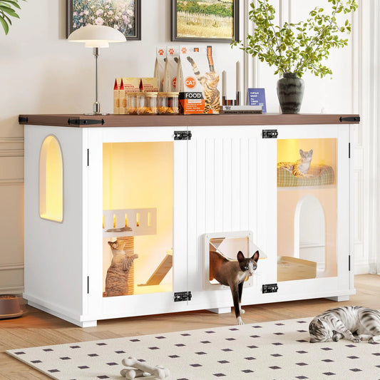 Cat House Litter Box Enclosure With LED Light Smart Doors