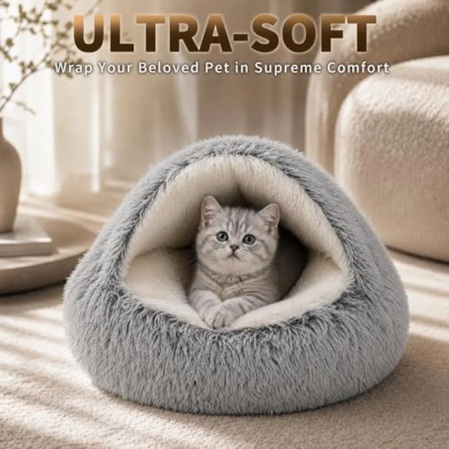 Round Plush Hooded Cat Bed For Indoor Cats Soothing Doughnut