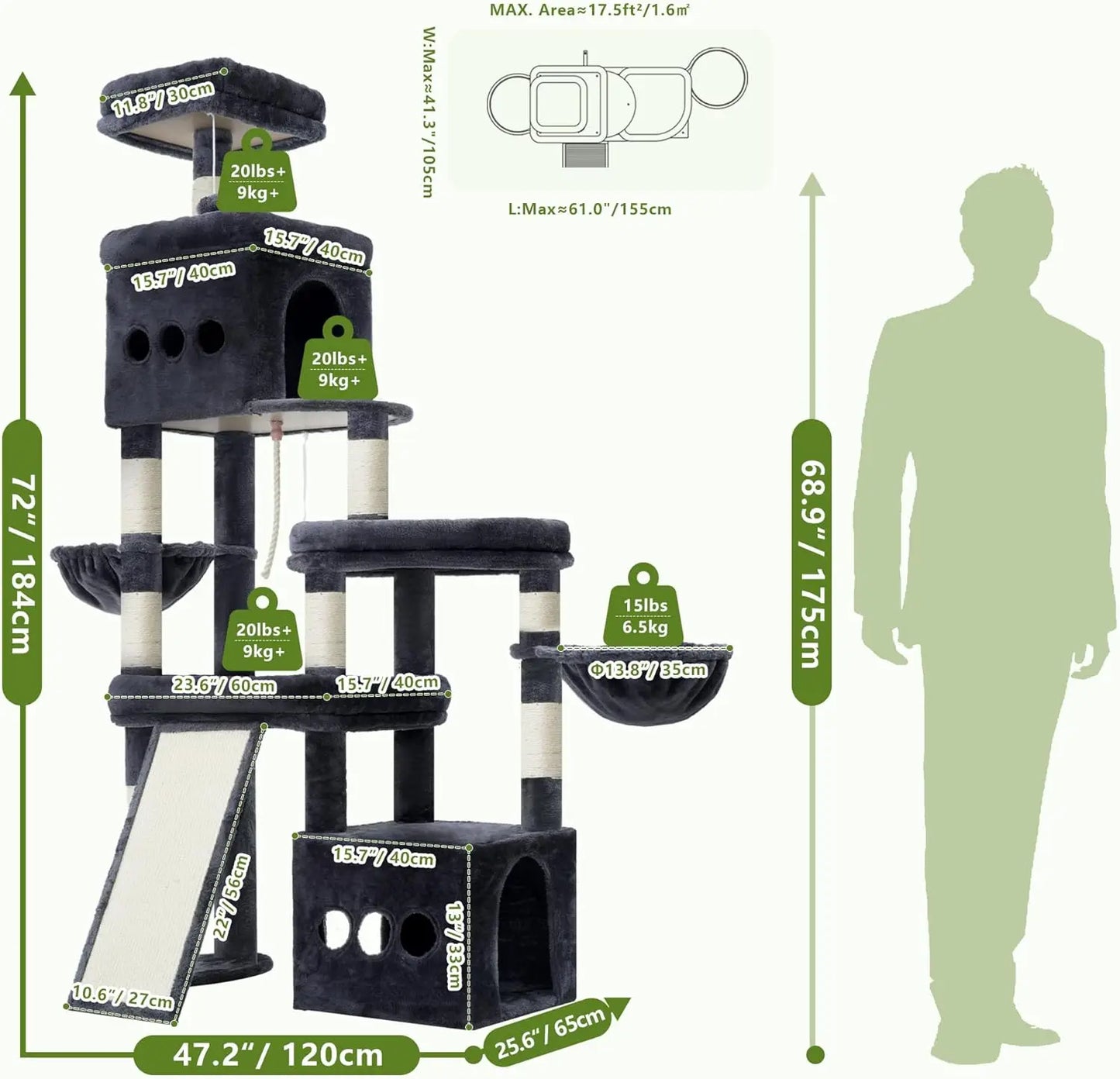 Anti Tip Cat Tree For Large Cats With Sisal Scratching Posts
