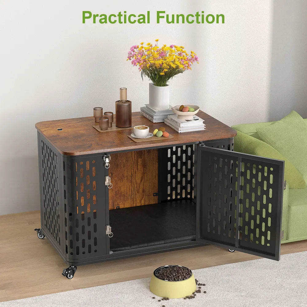 ONBRILL Wood Dog Crate Kennel With Cushion And Wheels