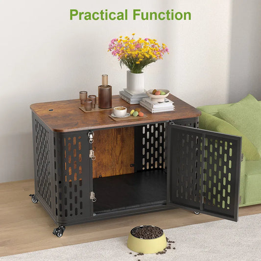 ONBRILL Wood Dog Crate Kennel With Cushion And Wheels