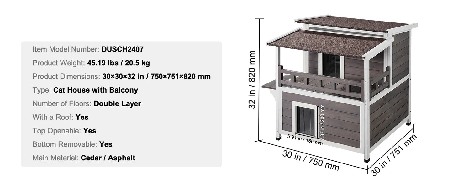 SucceBuy Weatherproof Outdoor Cat House Feral Shelter Two Story Balcony
