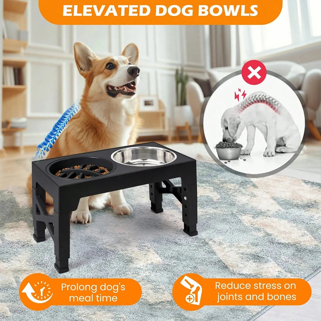 Adjustable Elevated Dog Feeder With Slow Feeder And Steel Bowls