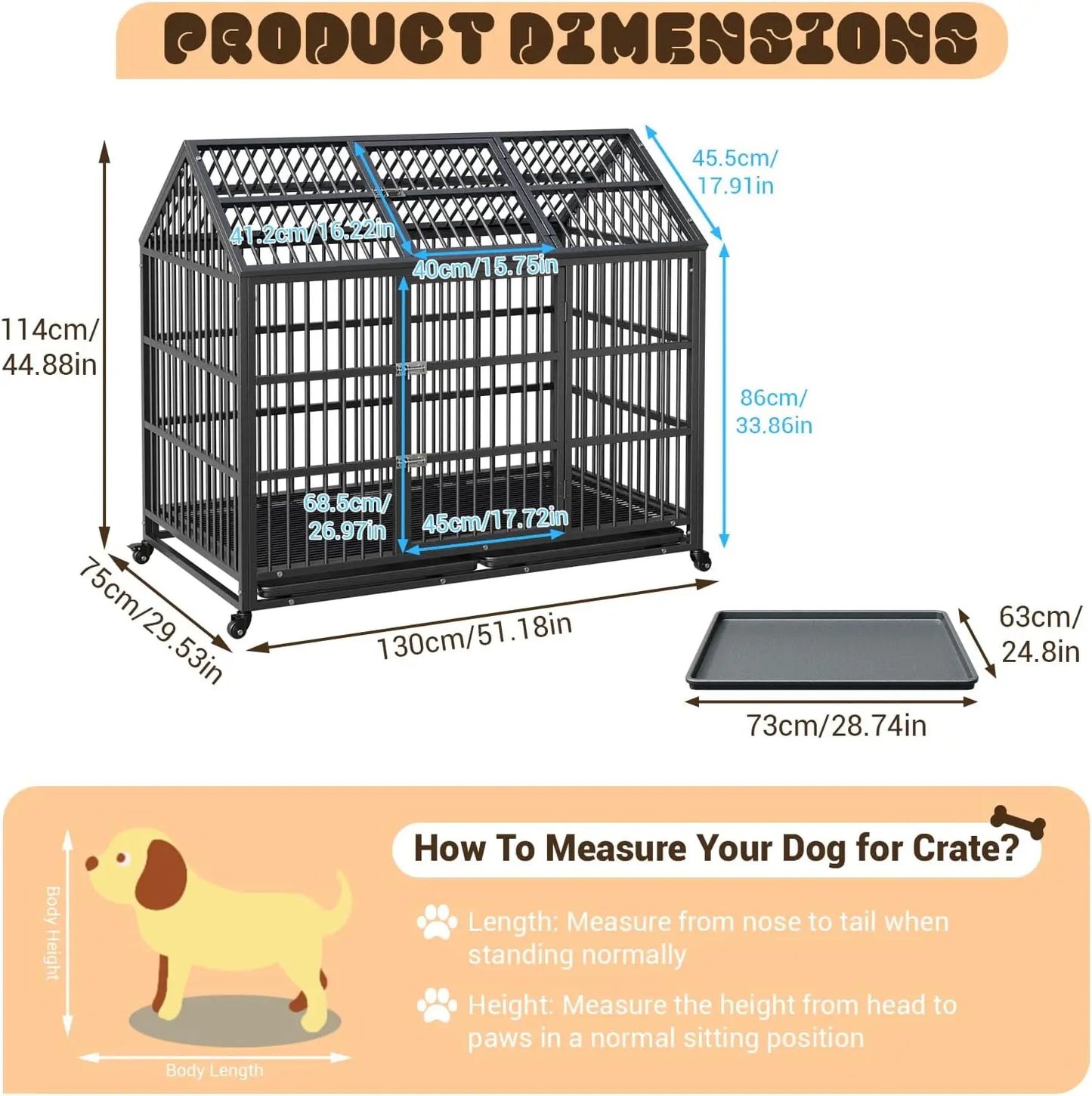 Acekool Heavy Duty Dog Crate Kennel With Double Doors Wheels
