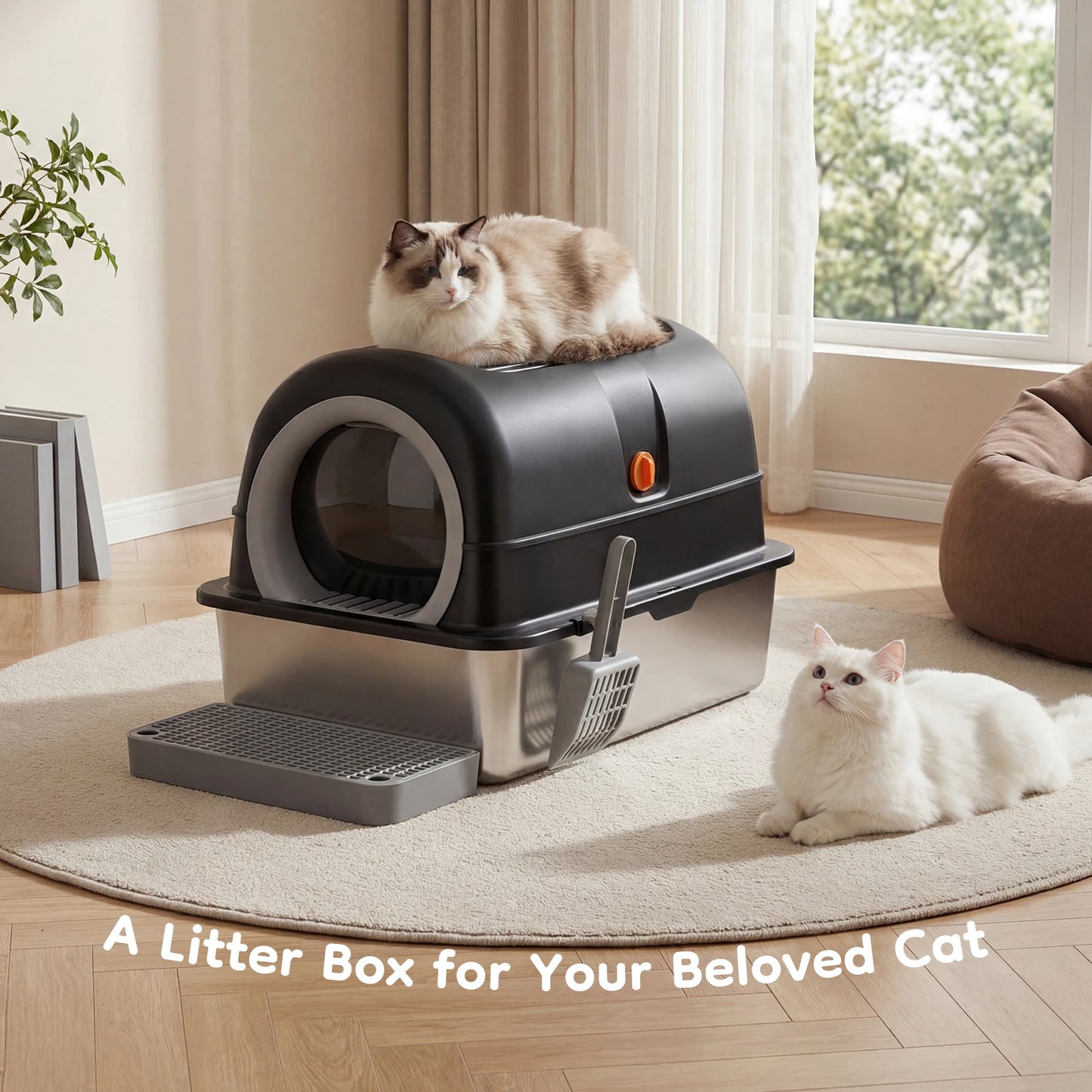 JHK Stainless Steel Cat Litter Box With Enclosed Design And Scoop Mat Included