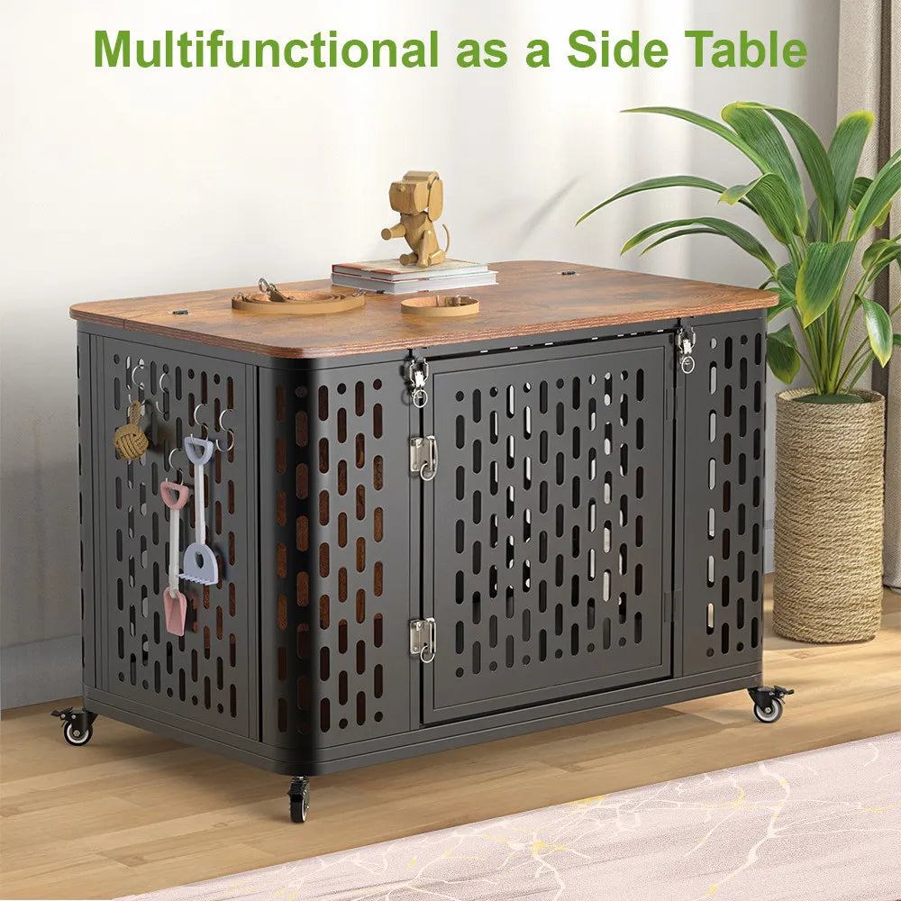 ONBRILL Wood Dog Crate Kennel With Cushion And Wheels