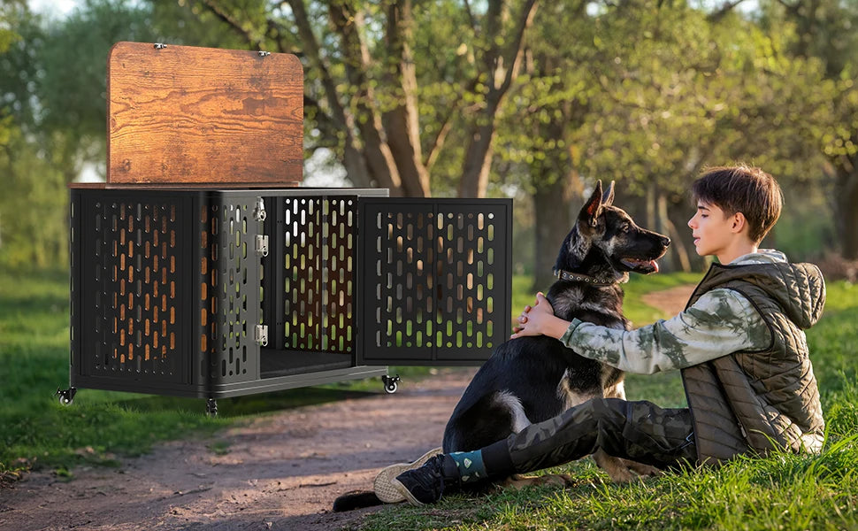 ONBRILL Wood Dog Crate Kennel With Cushion And Wheels