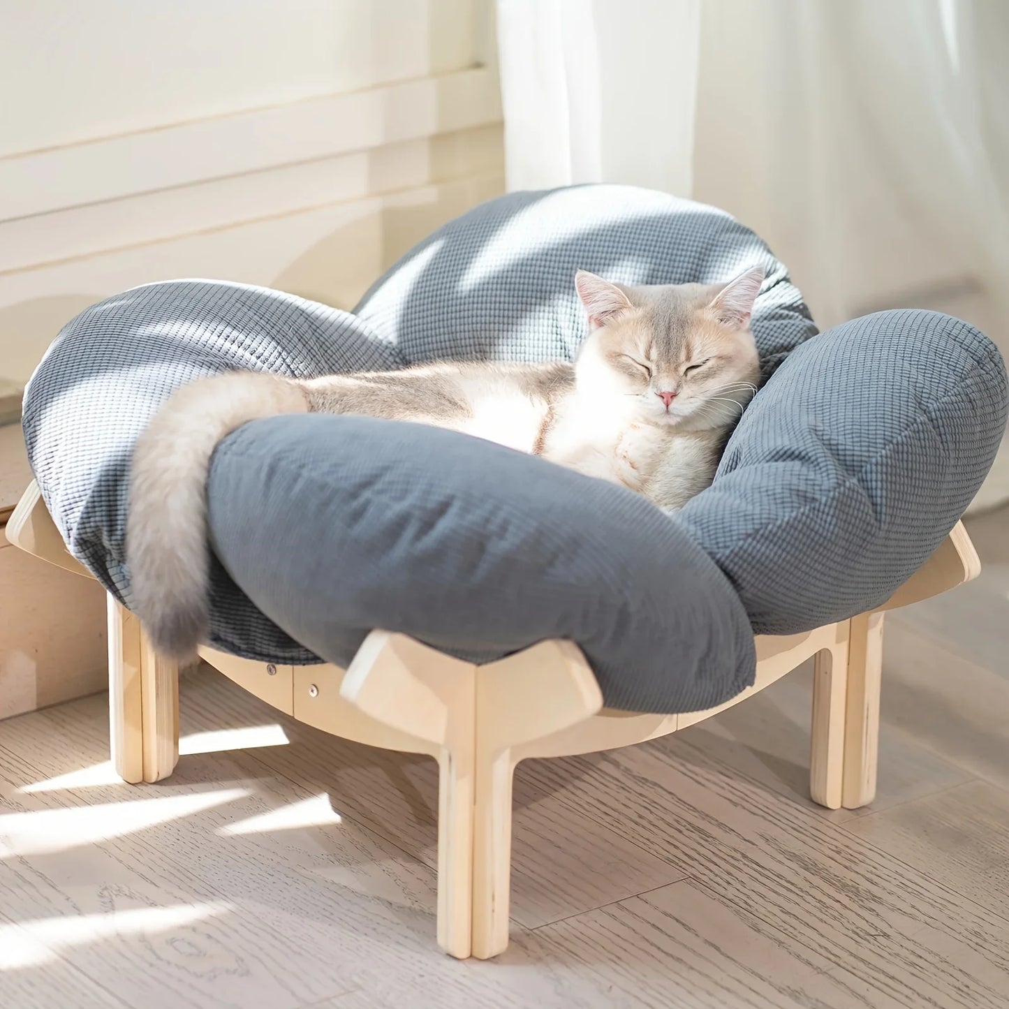 Raised Wooden Cat Bed With Soft Cushion Indoor Use