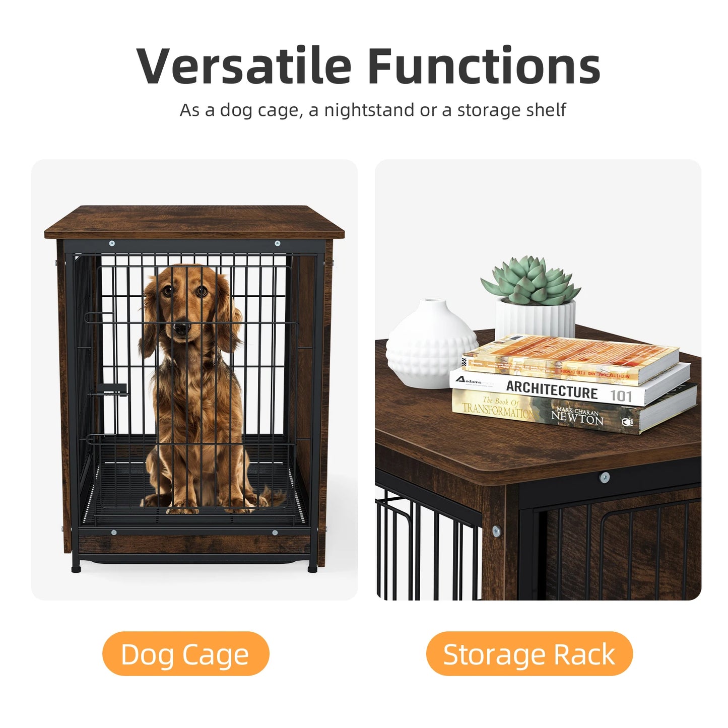 BINGOPA Dog Crate End Table Wood Metal With Removable Tray