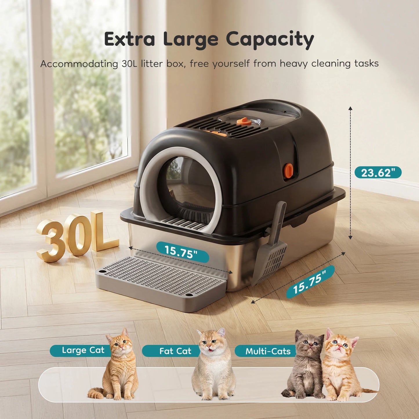 JHK Stainless Steel Cat Litter Box With Enclosed Design And Scoop Mat Included