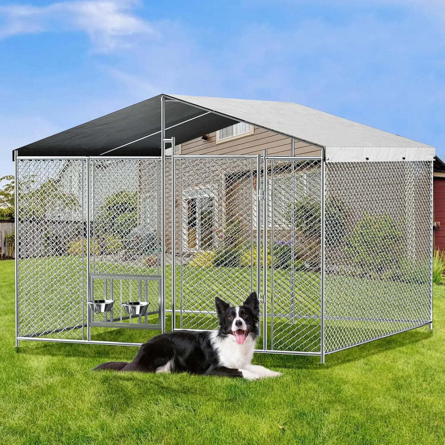 HUANZHUANG Outdoor Dog Kennel With Roof Locking Bowls