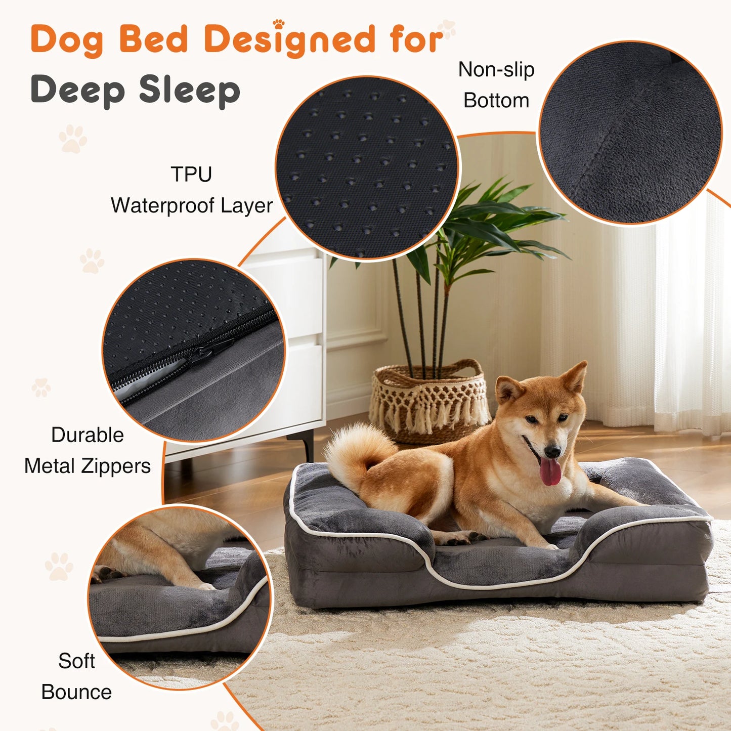 JHK Orthopedic Memory Foam Dog Bed With Washable Cover Non Slip Base